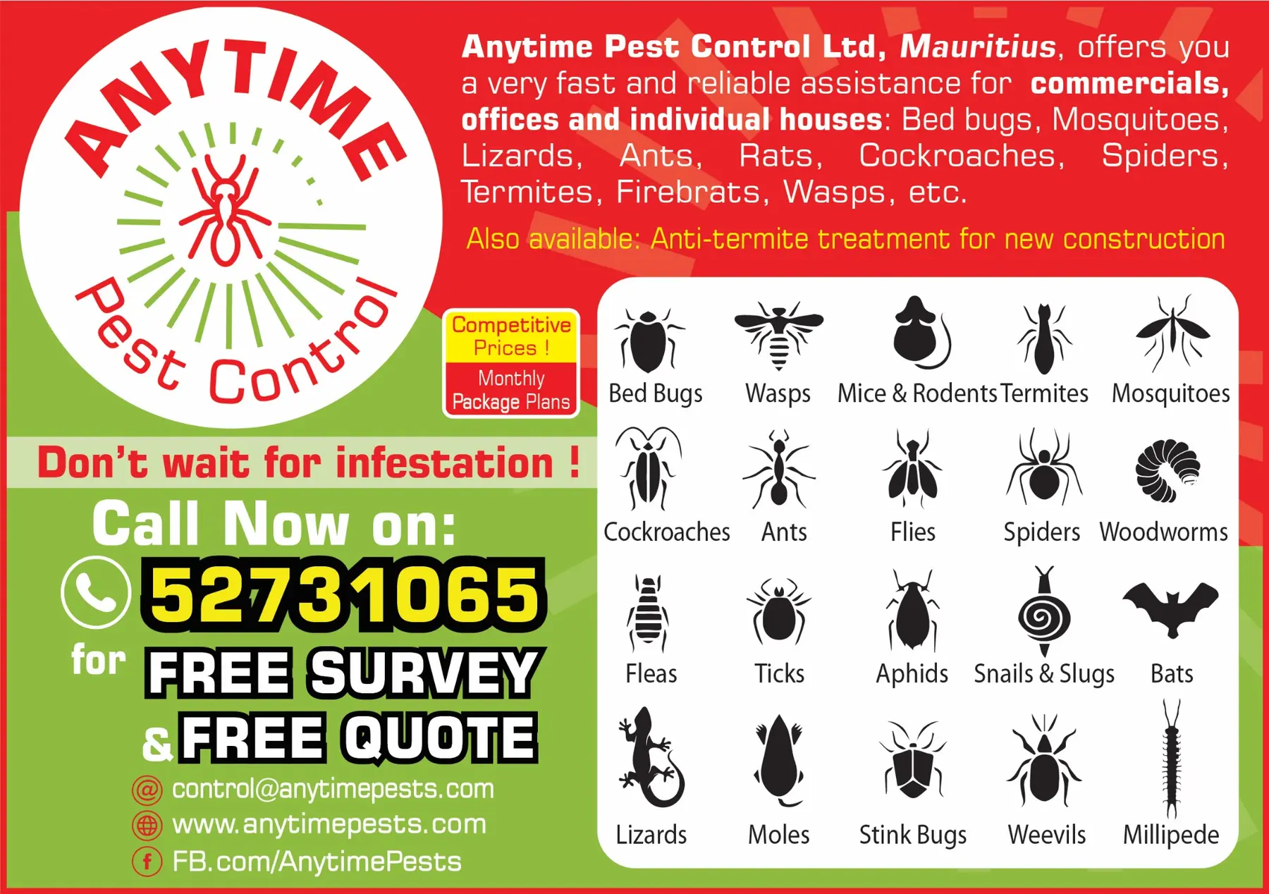 Anytime Pest Control flyer listing services, phone number, free survey and free quote