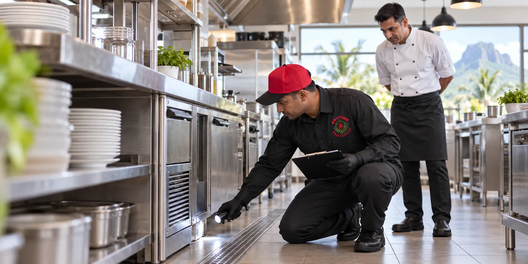 Anytime Pest Control technician carrying out an IPM inspection in a restaurant kitchen
